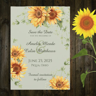 Aquarell Sonnenblumen und Weinreben auf Weide Grün Save The Date