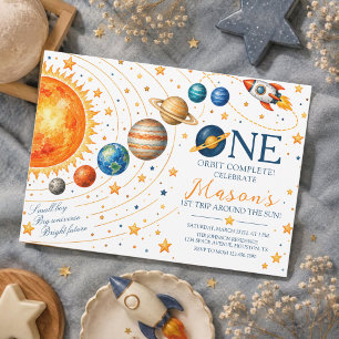 Aquarell-Sonnensystem-Junge-Erster-Geburtstag Einladung