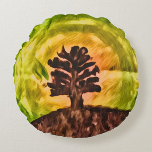 Aquarell-Sonnenuntergang-Baum-Malerei Rundes Kissen