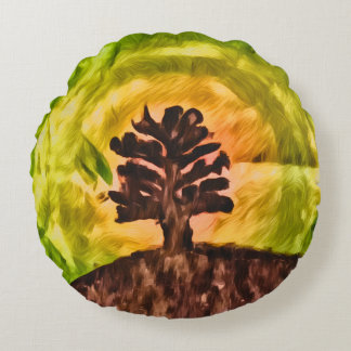 Aquarell-Sonnenuntergang-Baum-Malerei Rundes Kissen