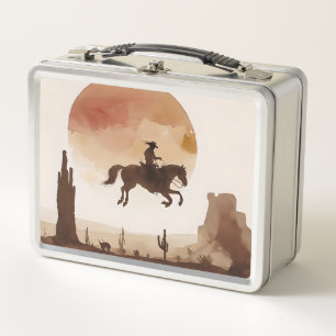 Aquarell-Sonnenuntergang-Cowboy Metall Brotdose