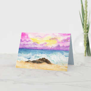 Aquarell-Sonnenuntergang-Strand mit donnernden Wel Karte