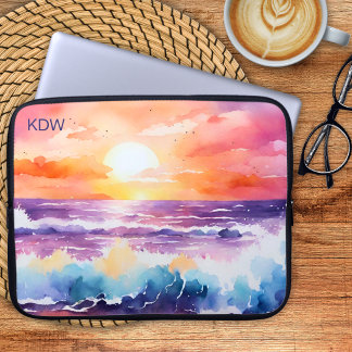 Aquarell-Sonnenuntergang-Surf-Monogramm Laptopschutzhülle