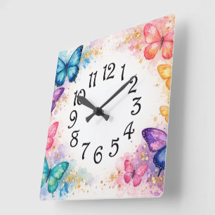 Aquarell-Spritzer Schmetterling und Glitzer Mädche Quadratische Wanduhr