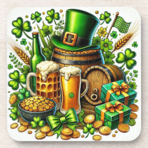 Aquarell St. Patricks Day Bier, Münzen und Kleebla Getränkeuntersetzer