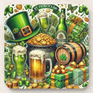 Aquarell St. Patricks Day Bier, Münzen und Kleebla Getränkeuntersetzer