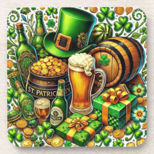 Aquarell St. Patricks Day Bier, Münzen und Kleebla Getränkeuntersetzer