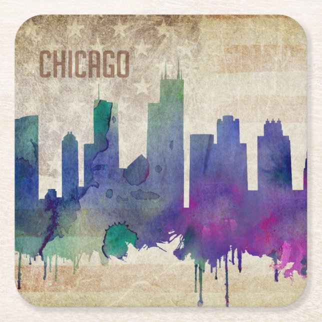 Aquarell-Stadt-Skyline Chicagos, IL | Rechteckiger Pappuntersetzer (Vorderseite)
