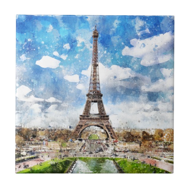 Aquarell-Stadtbild Paris, Eiffel in Richtung zu Fliese (Vorderseite)