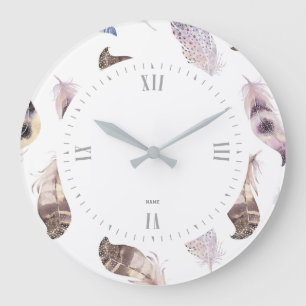 Aquarell-Stammesfedermuster Große Wanduhr