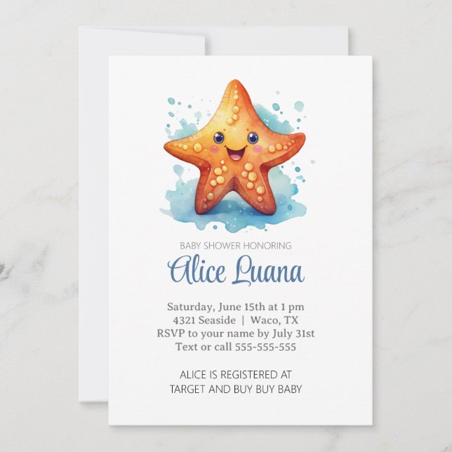 Aquarell Starfish unter der Meeresbabydusche Einladung (Vorderseite)