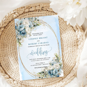 Aquarell Staubblau Floral Gold Hochzeitseinladung Einladung