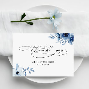 Aquarell Staubblau Florale Elegante Hochzeit Dankeskarte