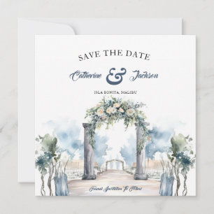 Aquarell Staubblau und Aquamarin Strandhochzeit Save The Date