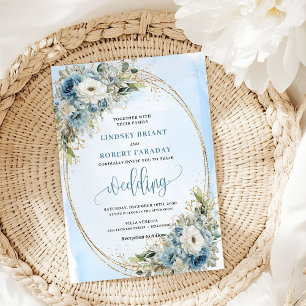 Aquarell Staubblaue Blumen Goldene Hochzeitskarten Einladung