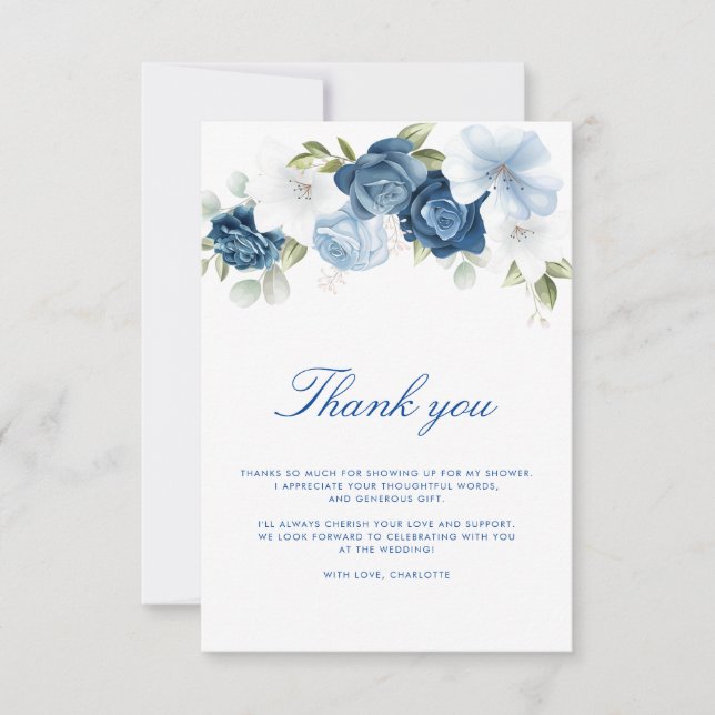 Aquarell Staubblauer Blumen-Script Dankeskarte (Vorderseite)