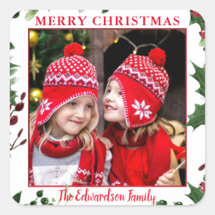 Aquarell-Stechpalme Frohe Weihnachten Familienfoto Quadratischer Aufkleber