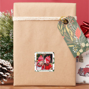 Aquarell-Stechpalme Frohe Weihnachten Familienfoto Quadratischer Aufkleber