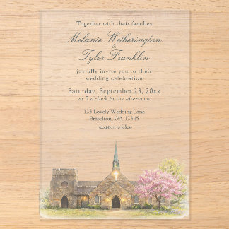 Aquarell Stein Kapelle Frühling Hochzeit Acryleinladungen