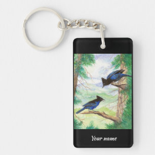 Aquarell Stellar Jay Vögel Wald Bäume Schlüsselanhänger