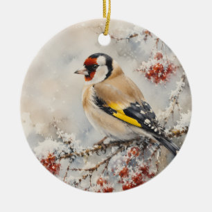 Aquarell Stieglitz auf Winterbeeren Keramik Ornament