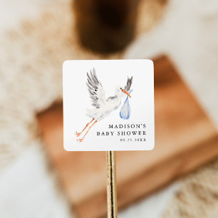 Aquarell-Storch Blau Jungen Baby-Party Quadratischer Aufkleber
