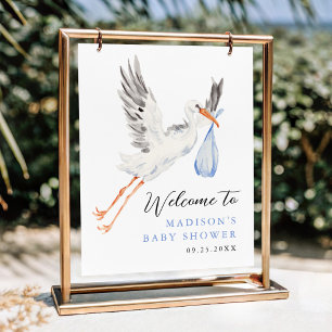 Aquarell-Storch-Blauer-Junge-Baby-Shower-Willkomme Poster