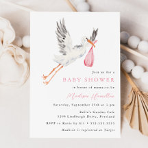 Aquarell-Storch Rosa Mädchen Baby Shower