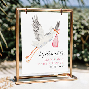Aquarell Stork Pink Babydusche Willkommen Poster