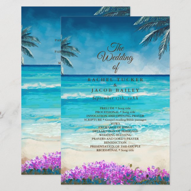 Aquarell-Strand Blaues Ozean-Hochzeitsprogramm (Vorne/Hinten)