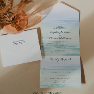 Aquarell-Strand-Hochzeitseinladung in einem All In One Einladung