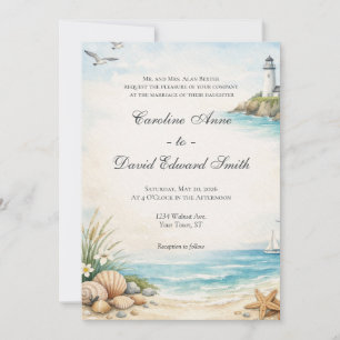 Aquarell Strand Küste Meer Hochzeit Einladung