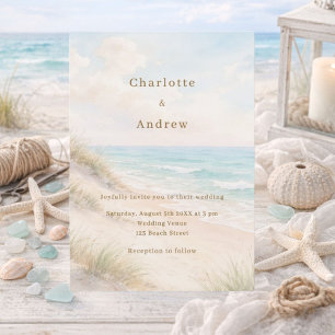 Aquarell-Strand-Küsten-Moderne-Hochzeit Einladung