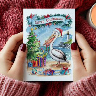 Aquarell-Strand-Pelikan-Weihnachtskarte Feiertagskarte