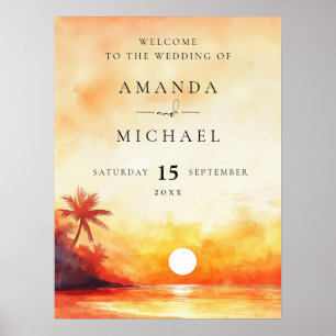 Aquarell-Strand-Sonnenuntergang-Hochzeits-Willkomm Poster