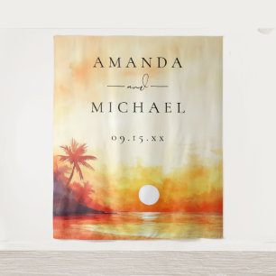 Aquarell-Strand-Sonnenuntergang-Hochzeitsfoto-Hint Wandteppich