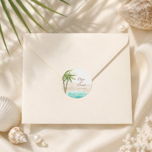 Aquarell-Strand und Palmen-Hochzeit Runder Aufkleber