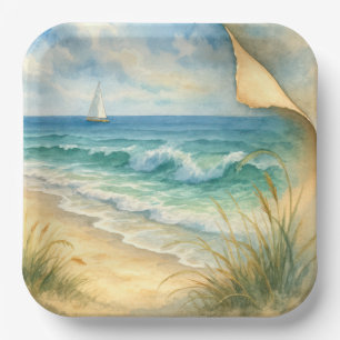 Aquarell Strand und Segelboot Pappteller