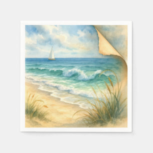 Aquarell Strand und Segelboot Serviette
