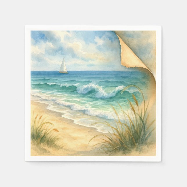 Aquarell Strand und Segelboot Serviette (Vorderseite)