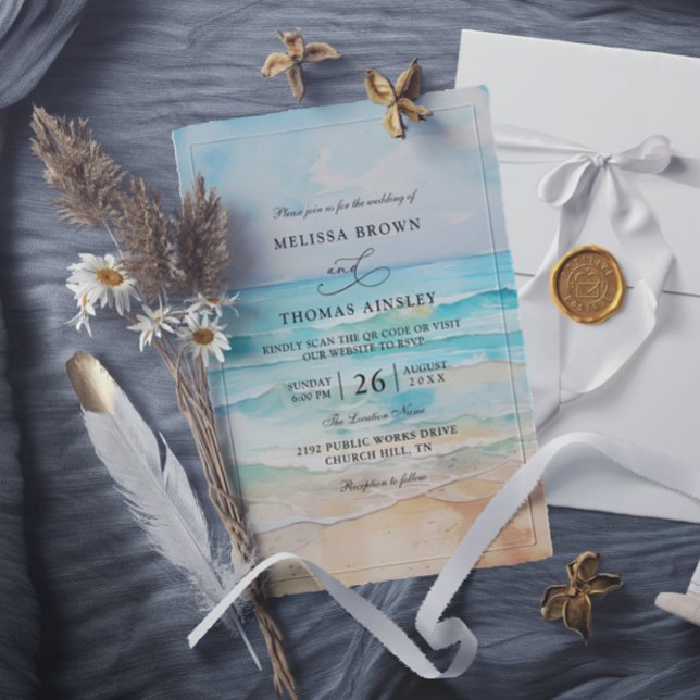 Aquarell-Strandhochzeit mit Budget-QR-Code Einladung (Von Creator hochgeladen)