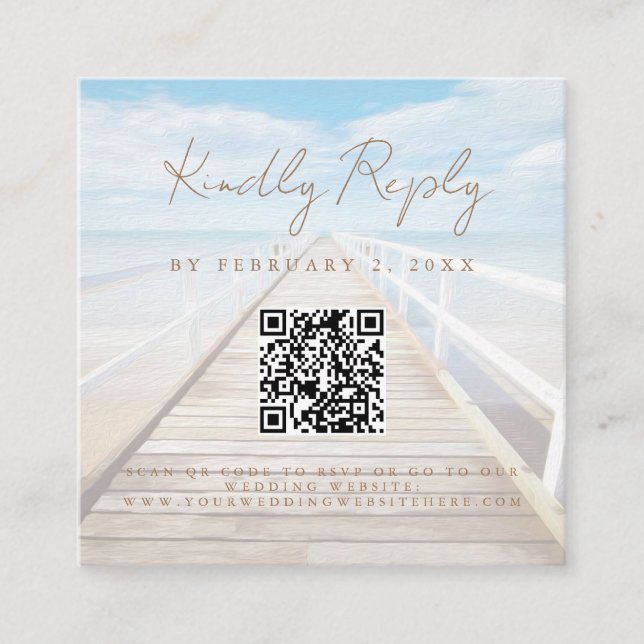 Aquarell-Strandhochzeits-Scan-Code-RSVP Begleitkarte (Vorderseite)