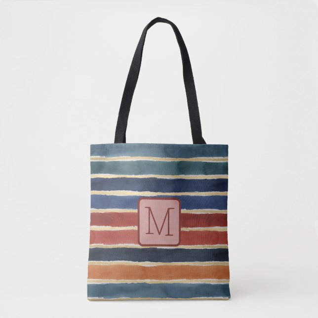 Aquarell-Streifen Backstein-Farbblock-Monogramm Tasche (Vorderseite)