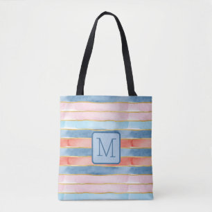 Aquarell-Streifen Blau Farbblock-Monogramm Tasche