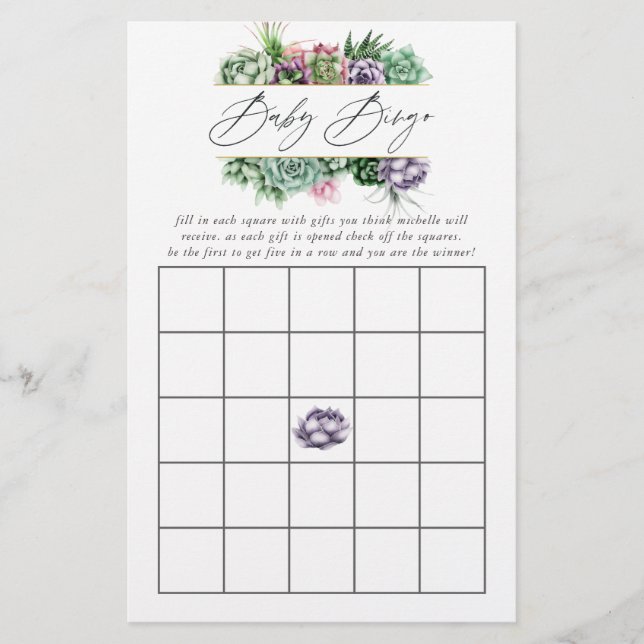 Aquarell Succulent Geometric Baby Dusche Bingo (Vorderseite)