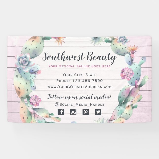Aquarell Sukkulente Kakteen und rustikales Holz Bo Banner (Horizontal)