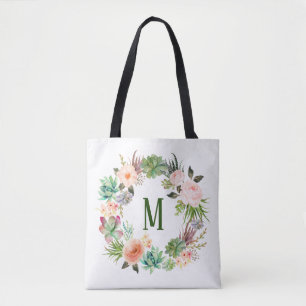 Aquarell Sukkulenten Floraler Kranz Monogramm Tasche