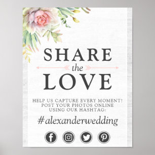 Aquarell Sukkulenten Hochzeit Hashtag-Fotoschild Poster