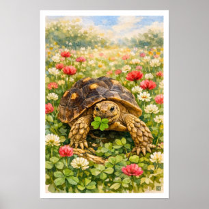 Aquarell Sulcata-Schildkröte mit Glücksklee Poster