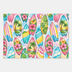 Aquarell-Surfboards mit Hibiskus und Palmen Geschenkpapier Set